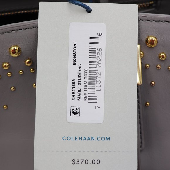 Cole Haan Marli Gold Studded Gray Leather Shoulder Bag Tote - Picture 7 of 7